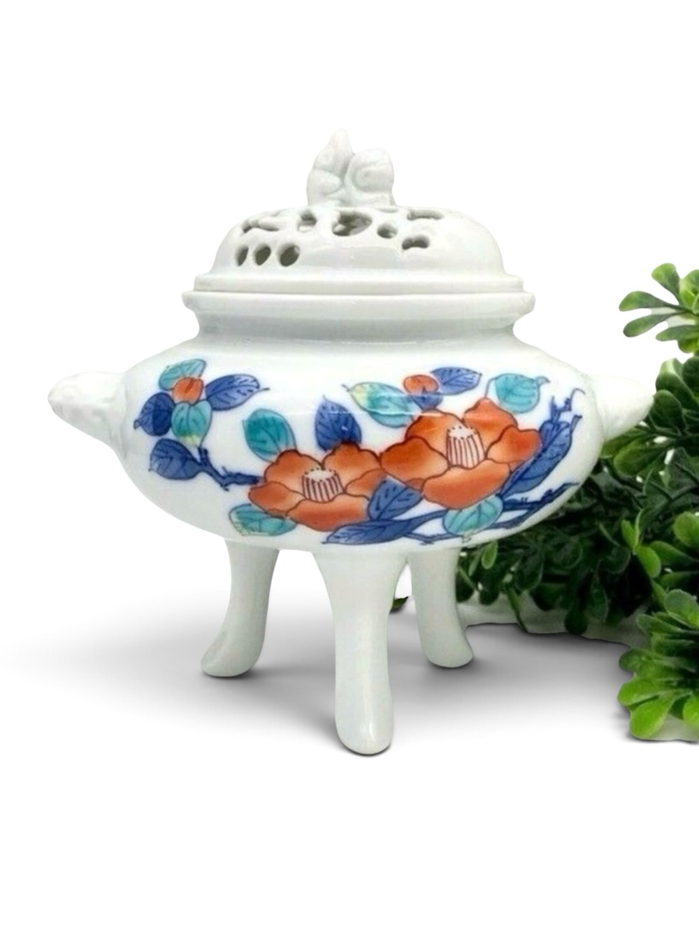 Vintage Nabeshima Ware Japanese Porcelain Incense Burner Camellia Motif Signed